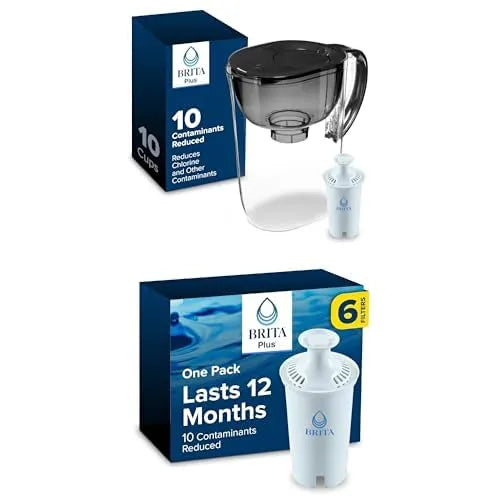 Brita Large Water Dispenser with Filter, 10 Cup Capacity, Black and 6 Brita Plus Water Filters, Lasts 12 Months