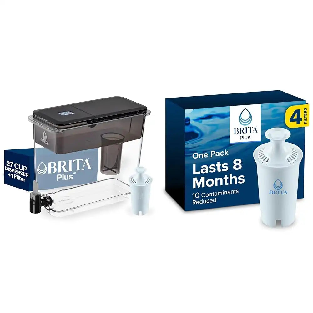 Brita UltraMax Large Water Dispenser with 1 BritaPlus Filter, 27 Cup Capacity, Black and 4 Brita Plus Water Filters, Lasts 8 Months