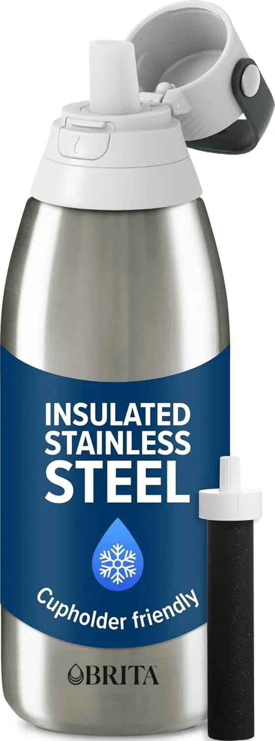 Brita Stainless Steel Premium Filtering Water Bottle, BPA-Free, Reusable, Insulated, Replaces 300 Plastic Water Bottles, Filter Lasts 2 Months or 40 Gallons, Includes 1 Filter, Stainless - 32 oz