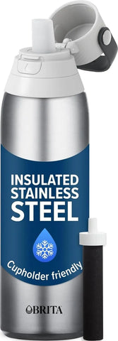 Brita Stainless Steel Premium Filtering Water Bottle, BPA-Free, Reusable, Insulated, Replaces 300 Plastic Water Bottles, Filter Lasts 2 Months or 40 Gallons, Includes 1 Filter, Stainless - 20 oz.