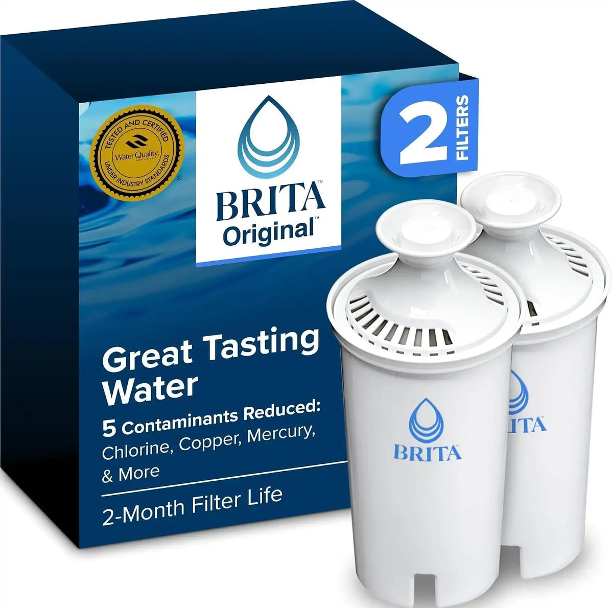 Brita Standard Water Filter for Pitchers and Dispensers, BPA-Free, Reduces Copper, Cadmium and Mercury Impurities, Lasts Two Months or 40 Gallons, Includes 2 Filters