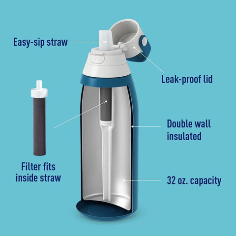 Brita Stainless Steel Premium Filtering Water Bottle, BPA-Free, Reusable, Insulated, Replaces 300 Plastic Water Bottles, Filter Lasts 2 Months or 40 Gallons, Includes 1 Filter, Marina - 32 oz