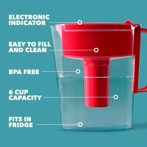 Brita Water Filter Pitcher for Tap and Drinking Water with 1 Standard Filter, Lasts 2 Months, 6-Cup Capacity, BPA Free, Red