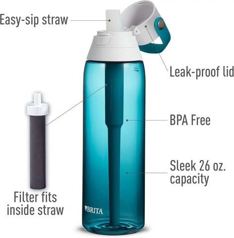 Brita Hard-Sided Plastic Premium Filtering Water Bottle, BPA-Free, Reusable, Replaces 300 Plastic Water Bottles, Filter Lasts 2 Months or 40 Gallons, Includes 1 Filter, Sea Glass - 26 oz