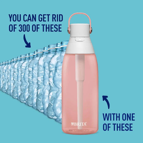 Brita Hard-Sided Plastic Premium Filtering Water Bottle, BPA-Free, Reusable, Replaces 300 Plastic Water Bottles, Filter Lasts 2 Months or 40 Gallons, Includes 1 Filter, Blush - 36 oz.