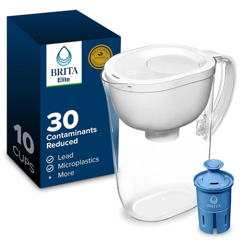 Brita Large 10-Cup Water Filter Pitcher, WQA NSF/ANSI Certified, Reduces 99% of Lead, Microplastics, & 30 Contaminants, BPA-Free, Removes Chlorine Taste & Odor, 1 Elite Filter, White