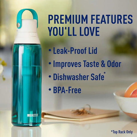 Brita Hard-Sided Plastic Premium Filtering Water Bottle, BPA-Free, Reusable, Replaces 300 Plastic Water Bottles, Filter Lasts 2 Months or 40 Gallons, Includes 1 Filter, Sea Glass - 26 oz