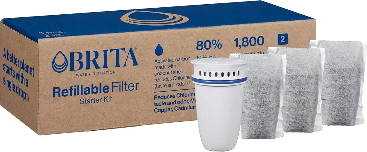 Brita Refillable Filter Starter Kit for Pitchers and Dispensers, BPA-Free, 80% Less Plastic*, Each Lasts Two Months, Includes 1 Shell and 3 Refillable Water Filters