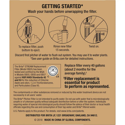 Brita Stream Pitcher Water Filter for Pitchers and Dispensers, BPA-Free, Replaces 1,800 Plastic Water Bottles a Year, Lasts Two Months or 40 Gallons, Includes 2 Filters